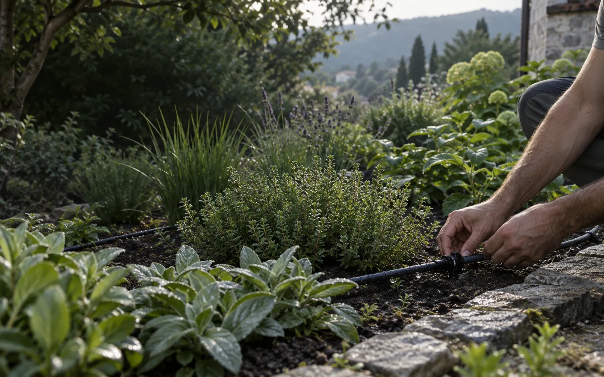 A gardener adjusting a drip-irrigation line among established plants